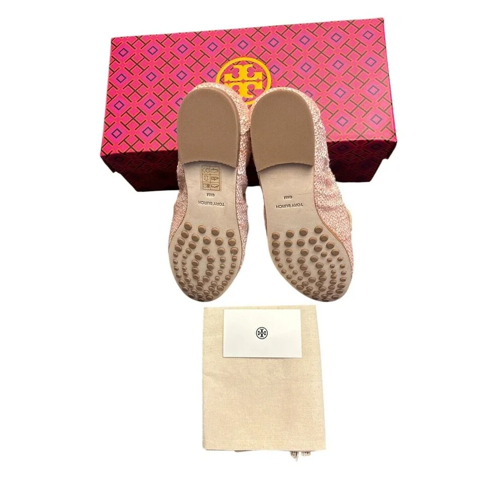 TORY BURCH TWEED BALLET LOAFER PEACH/IVORY/CREAM LEATHER TRIM SZ 6.5 New $348